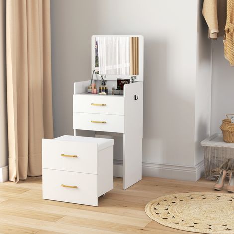Coiffeuse 3 en 1 avec miroir, table de chevet, tabouret à roulettes et tiroirs, blanche (1/5)