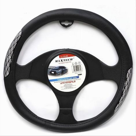 TRADE SHOP - Coprivolante Universale Fodera Sterzo Per Auto 38 Cm Nero Con Dettagli Cv-23 - (1/3)