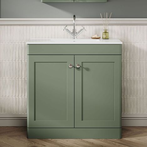 Nuie Classique Floor Standing 2-Door Vanity Unit with 1TH Minimalist Basin 800mm Wide - Satin Green
