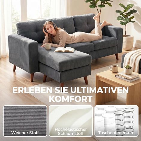 Canapé d'angle 192 cm 3 places avec méridienne réversible, aspect velours, gris anthracite, pour petit espace (1/4)