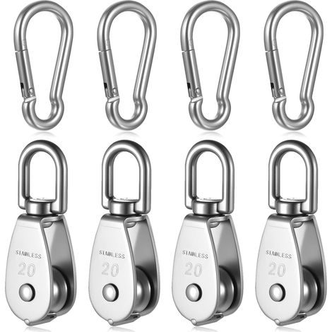 4 Pcs M20 Poulie de Levage Simples pour grue,Poulies simples M20 pour Cordes,Poulie simple pivotantes à 360° en acier inox,Rouleaux de câble pour levage + crochets à ressort M6, charge jusqu'à 75 kg (1/5)