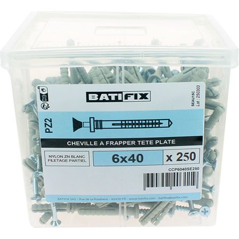 Seau 250 chevilles à frapper tête plate Ø6 x 40mm nylon - Batifix