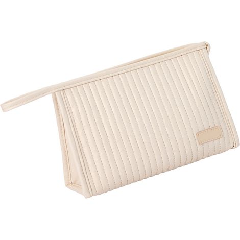 Trousse de maquillage beige, grande capacité, couleur bonbon, en cuir PU, portable, idéale pour les voyages, avec poche en filet.