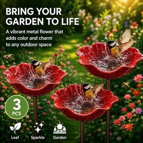 Bain Oiseaux - Vasque Jardin sur Pied - Abreuvoir et Mangeoire pour Oiseaux Abeilles Papillons - Métal Anti-Rouille - Lot de 3 (1/5)