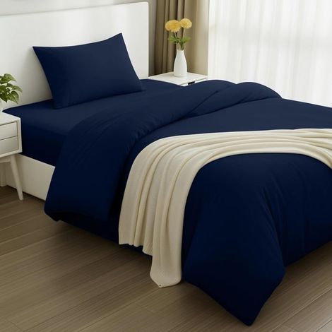 Housse de couette 135x200cm, drap-housse 90x190cm et taies d'oreiller 50x75cm. Polyester microfibre brossé doux (bleu marine). (1/5)
