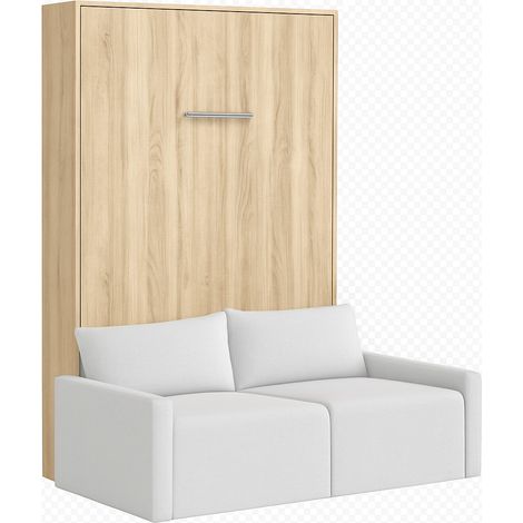 Lit escamotable vertical avec canapé tissu VALENCIA Gris clair Sans matelas-80x180-Canapé Gris clair-Structure Chêne clair (1/5)