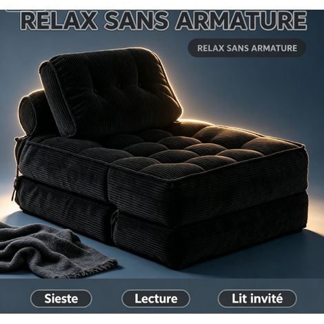Fauteuil pliable tout tissu noir velours côtelé 3 positions, sans structure rigide, siège relax et couchage invité sans assemblage (1/5)