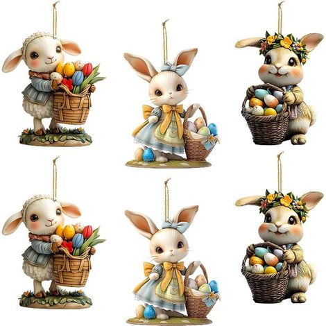 Pendentifs Lapin de Pâques - Décoration de Pâques à suspendre - Décoration festive - Matière acrylique - Lot de 6 - Multicolore (1/5)