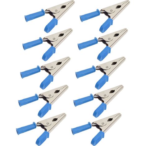 Packung mit 10 Krokodilklemmen J.60047, 20 mm Öffnung, aus Messing, für elektrische Prüfungen von Batterien (blau). (1/5)