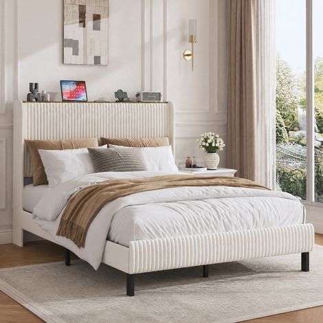 Letto matrimoniale 140x200 cm beige e crema in velluto a coste con testiera imbottita e doghe in metallo (1/5)