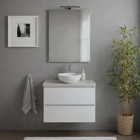Mobile Bagno Sospeso 60Cm Bianco Lucido Top Beton Moderno E Specchio Benaco