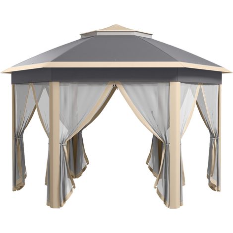 Gazebo hexagonal escamotable beige kaki 4, imperméable, 4 x 4 m, pour maison et usage quotidien, style moderne, rangement pratique