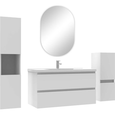Ocean ensemble meubles Salle de Bain 100cm simple vasque + colonne + miroir ovale mural Blanc (1/4)