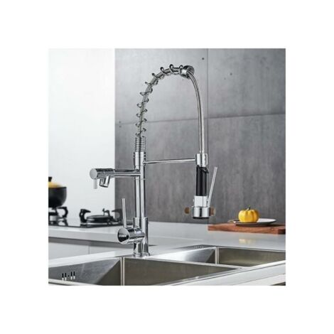 360° schwenkbare Küchenarmatur, verchromte Messing-Küchenarmatur, Zweistrahl-Küchenmischer mit flexiblem Silberschlauch (1/5)