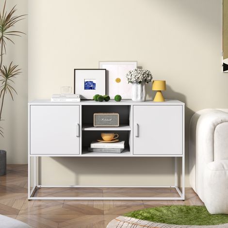 Buffet avec 2 portes et rangement ouvert, pour salle à manger et salon, en métal, blanc (1/5)