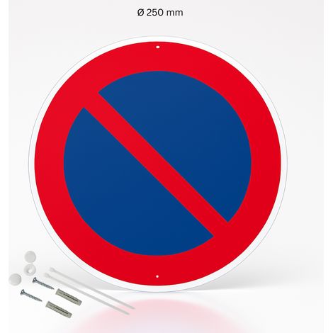 Stationnement interdit picto panneau de signalisation rond en pvc rigide prépercé avec kit de fixation complet - Diamètre 250 mm