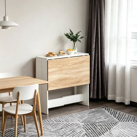 Mesa plegable de cocina (103x76x74 cm), compacta de doble abatible, multifunción, MDF blanco y roble (1/5)