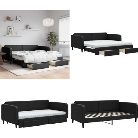 Lit de jour avec gigogne et tiroirs noir 100x200 cm tissu - Canapé Convertible - Lit D'appoint - Meuble Multifonction - Literie - Rangements Intégrés - Home & Living