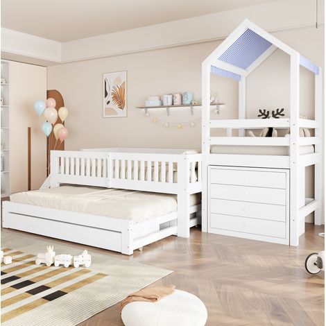 Lit escamotable 90/200 cm en bois massif avec rangements et toit en tissu, blanc (1/5)