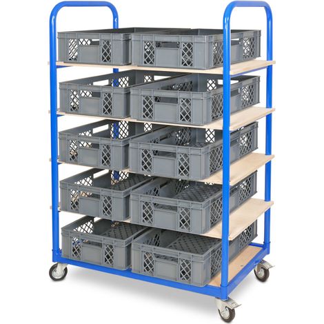 BRB Etagenwagen mit 5 Ebenen, BxTxH 1050x500x1450 mm bestückt mit 10 Euroboxen BxTxH 600x400x150 mm, durchbrochen (grau) (1/2)