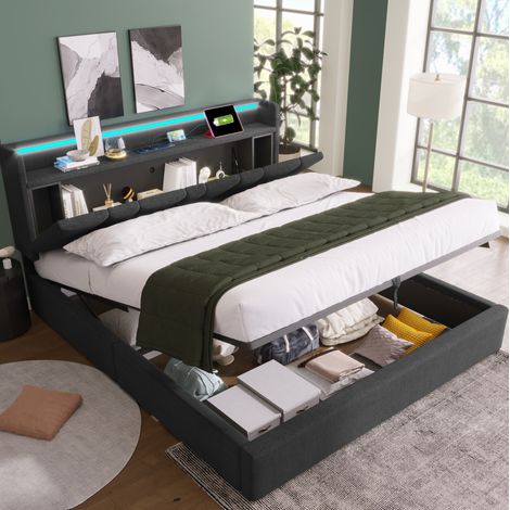 Letto contenitore imbottito in tessuto lino grigio 160x200 cm con LED RGBW, prese USB e rete a doghe inclusa (1/5)