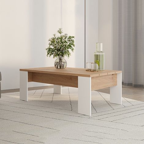 Mesa de Café Bertona, Forma Rectangular, Tapa Marrón, Estructura Blanca, 120x67x43h cm Marrón Roble Nodo (1/5)
