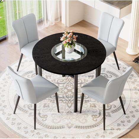 Tavolo rotondo 100 cm con 4 sedie PU grigio chiaro, piano MDF effetto legno nero, gambe metallo (1/5)