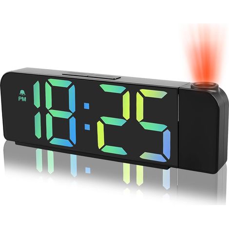 Reveil Projecteur Plafond, 180° Réveil Projection AVCE Thermomètre, 7.7" Horloge Digitale LED Projecteur pour Bureau Chambre, 3 Luminosités Réglable, Snooze, Chiffres Colorés, Mode Nuit(Noir 19.5cm) (1/5)