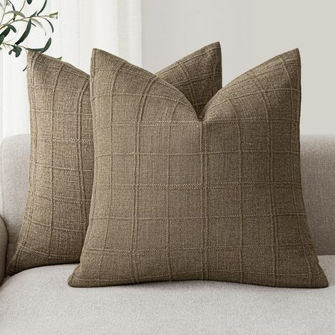 Lot de 2 Housses de Coussin décoratives à Carreaux en Lin Neutre, rétro et bohème pour canapé, Chaise, canapé, Chambre à Coucher, Salon, extérieur, 55,9 x 55,9 cm, Marron Clair (1/5)
