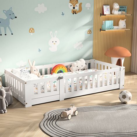 Letto singolo 80x160 cm a pavimento per bambini con barriera di sicurezza stile Montessori - moderno - legno - bianco