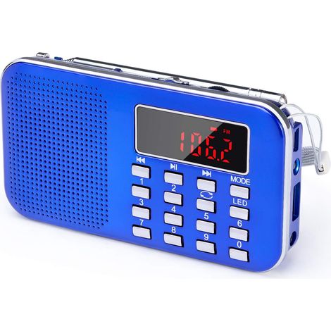 Poste Radio Portable AM/FM, Petite Radio Portable Rechargeable avec Batterie Rechargeable de 1200mAh, TransistorRadio avec éClairage de Secours, Mini USB/SD/AUX (Bleu) (1/5)