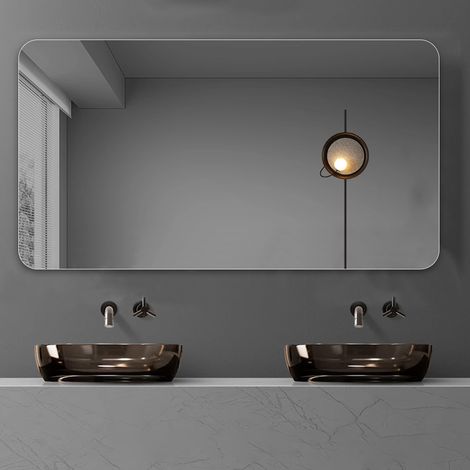 Miroir de salle de bain mural 90 x 70 cm sans cadre, angles arrondis R50, argent DESVIAE (1/5)