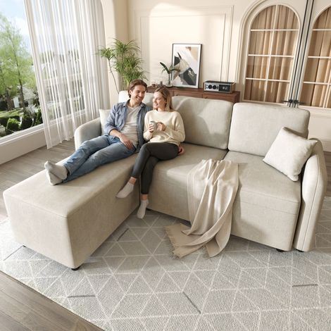 Sofá convertible en forma de L de 3 plazas con chaise longue de 144 cm, sofá esquinero moderno de tela de felpa con espuma de alta densidad para apartamentos y residencias de estudiantes (1/5)