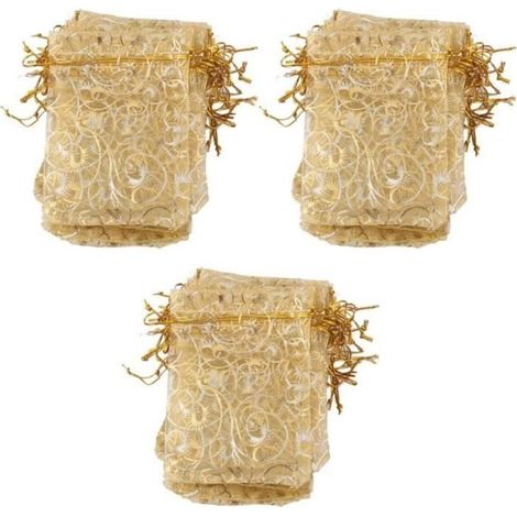 Lot de 100pcs Pochette à Bijoux Sac de Cadeau en Organza pour Mariage 9x12cm Doré (1/2)