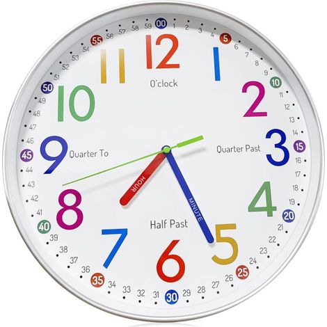 Horloge murale pour enfant - Sans bruit de tic-tac - 30 cm - Silencieuse - Chiffres multicolores - Pour filles et garçons