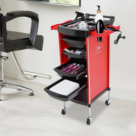 Chariot de coiffure, de salon avec 6 niveaux et 4 tiroirs, chariot cosmétique avec roulettes, chariot de travail pour styliste, coiffeur, SPA, noir et rouge