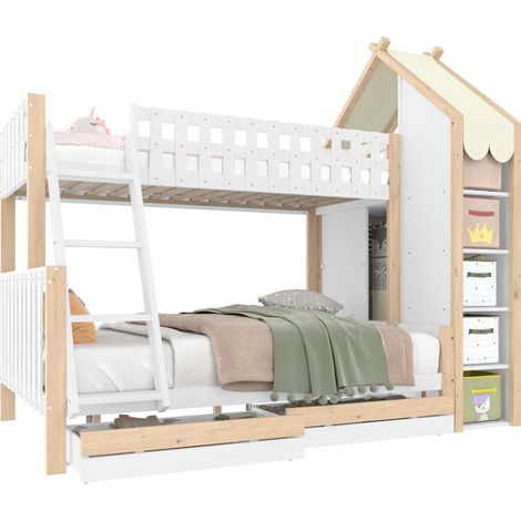 Lit superposé enfant pin/MDF blanc et naturel 90x200 + 140x200 cm, avec échelle, barrières et 2 tiroirs (1/5)