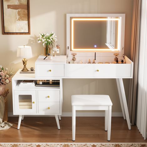 Coiffeuse avec miroir LED rabattable 120x50x77.5 cm, bureau 2 en 1, 3 tonalités, plateau extensible, 3 tiroirs, tabouret, MDF-Blanc (1/5)