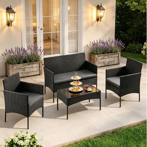Ensemble de jardin en rotin PE, 4 places, noir, avec plateau en verre trempé (1/5)