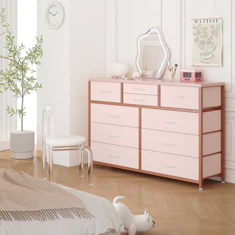 Kommode mit 10 Schubladen, Stoffaufbewahrung, Stahlrahmen, Holzplatte, Rosa (1/5)