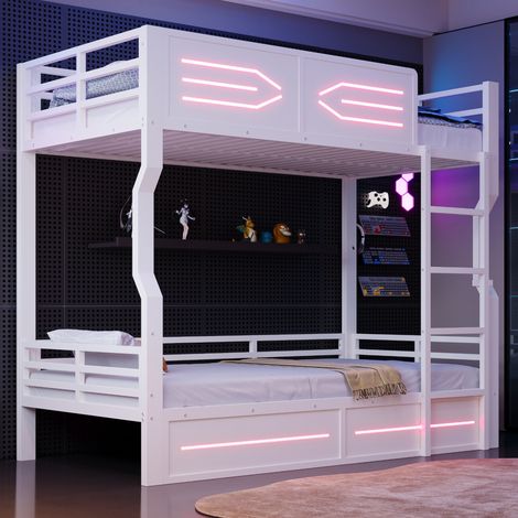 Litera metálica 90x200 cm para 2 plazas, LED, escalera vertical y barandilla de seguridad, estilo moderno para dormitorio infantil - Blanco (1/5)