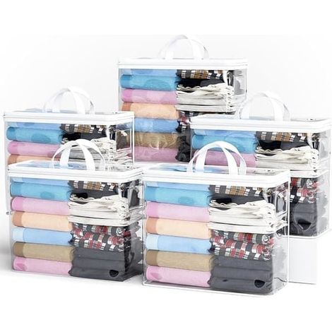 BelleRise - Lot de 5 sacs de rangement en tissu zippés transparents blancs pour vêtements, linge de lit et jouets (1/5)