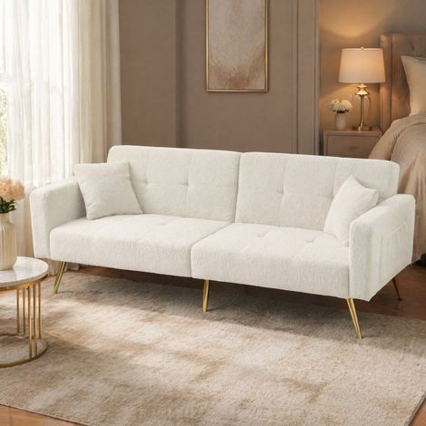 Sofá cama de 2 plazas 175x64x72 cm en tela de felpa blanca con almacenaje -FLORAGRACE (1/5)