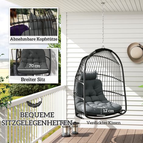 Fauteuil hamac suspendu avec coussin, balancelle en rotin synthétique pour extérieur et intérieur, pliable, charge max 150 kg, gris anthracite (1/4)
