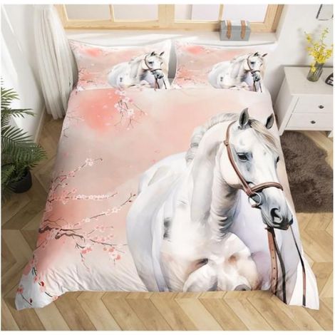 Housse de Couette - 200x200 cm - Motif Cheval Aquarelle et Fleurs de Cerisier - Style Japonais - 1 Pièce (1/3)