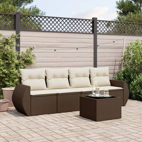 5-tlg. Garten-Sofagarnitur mit Kissen Braun Poly Rattan (1/3)