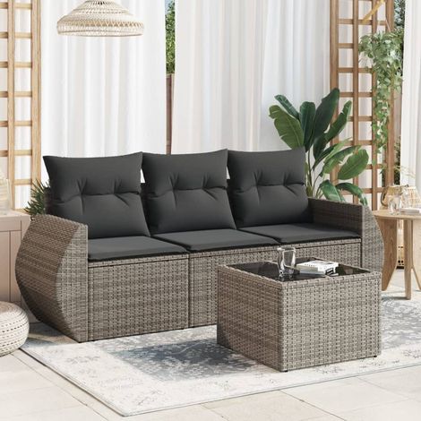 4-tlg. Garten-Sofagarnitur mit Kissen Grau Poly Rattan (1/3)