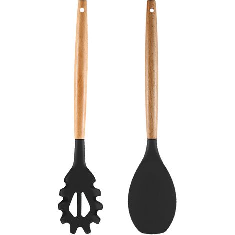 Ustensiles De Cuisine En Silicone Et Bois - Résistance Thermique Pour Poêles Antiadhésives - Set De 2 Pièces (1/5)