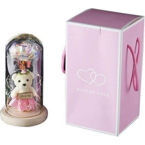 Rose Stabilisee - Dôme Verre - Guirlande LED Multicolore - Base Bois - 1 Pièce (1/4)
