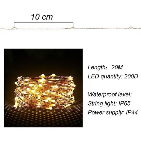 20m 200LED Guirlande Lumineuse en Fil de Cuivre tanche IP65 avec Adapteur Alimentation - Pour Fête Jardin Maison Noël (1/4)